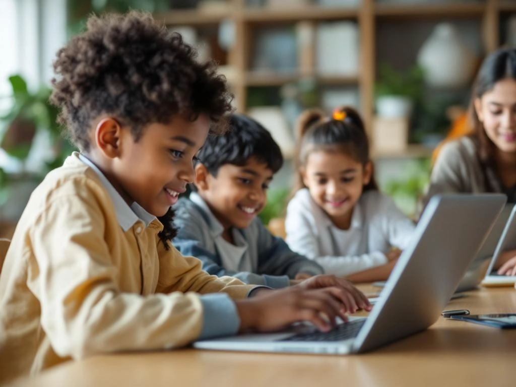 Children learning AI together at school